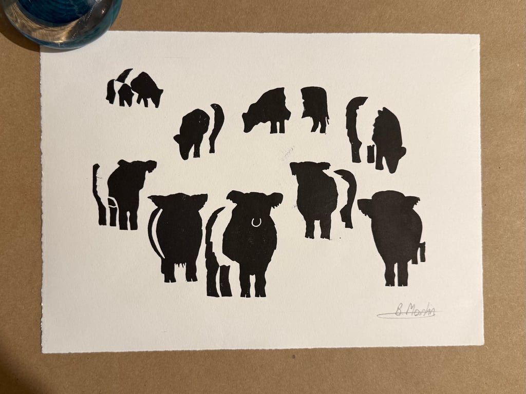 Perfectly Imperfect Belties: Hand-Burnished Lino Cut of Belted Galloway cattle