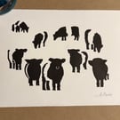 Perfectly Imperfect Belties: Hand-Burnished Lino Cut of Belted Galloway cattle