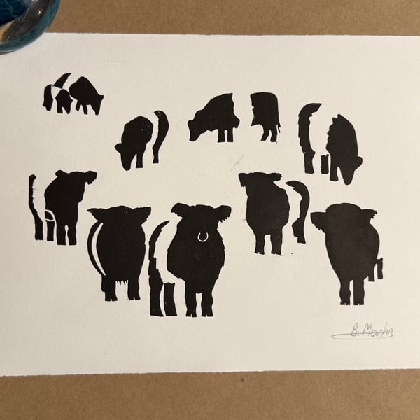 Perfectly Imperfect Belties: Hand-Burnished Lino Cut of Belted Galloway cattle