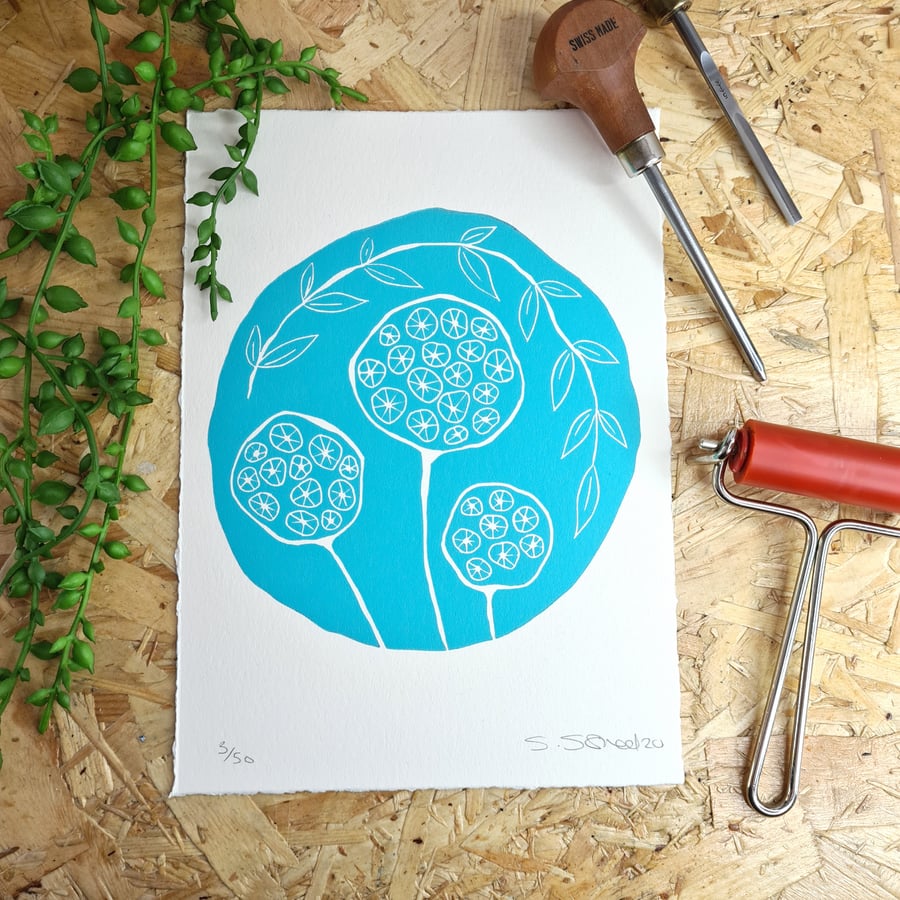 Flower seed heads handprinted limited edition lino print a5 