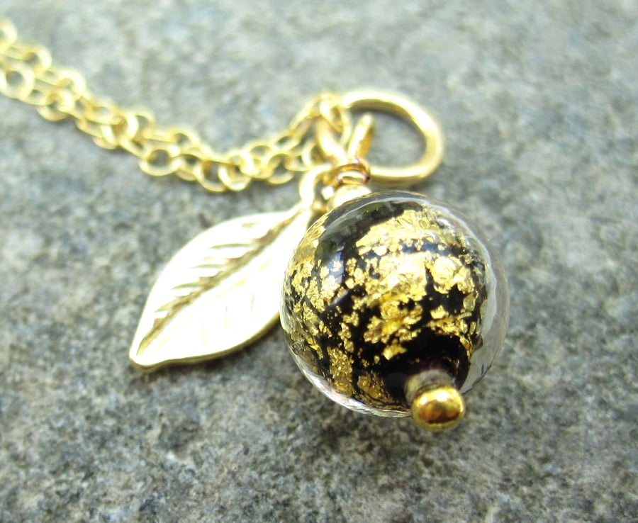 Black & Gold Dark Sphere Gold plated Silver Venetian Necklace