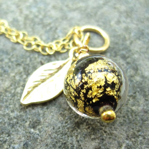 Black & Gold Dark Sphere Gold plated Silver Venetian Necklace