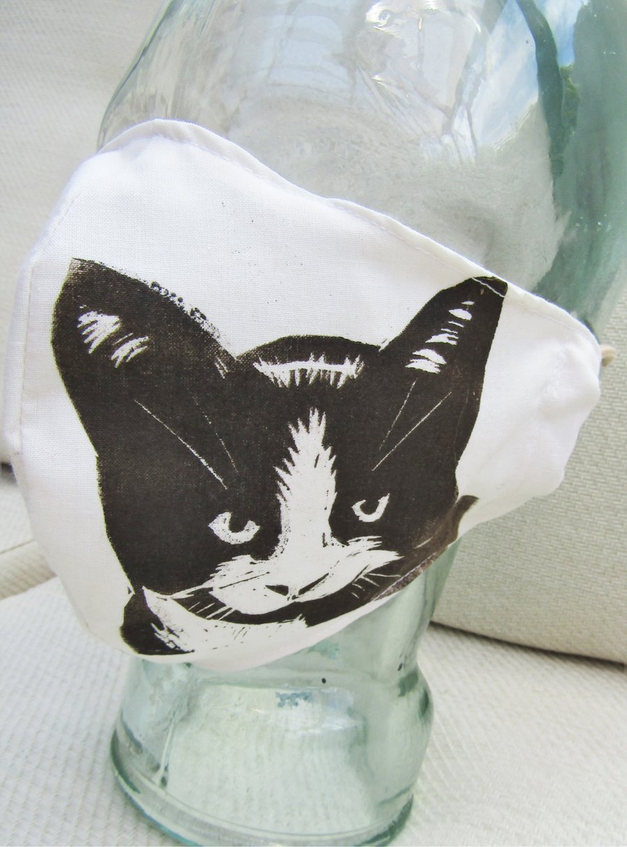 Hand Printed Black & White Cat Face Mask Reusable