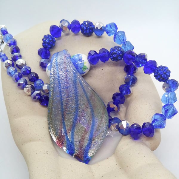 Blue Beaded Necklace with a Blue Teardrop Shaped Glass Pendant, Gift for Her