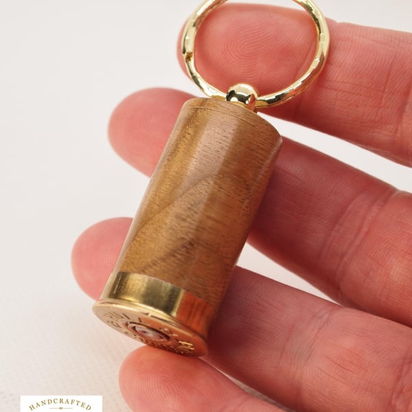 Reclaimed Oak and Hull 12 Bore Cartridge Keyring Recycled Wood Brass Detail