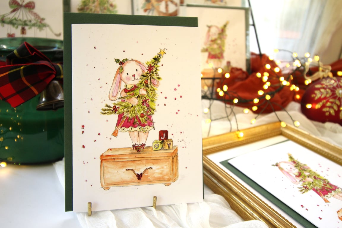 Little Girl’s Christmas Card – Bunny in Dress with Toy Chest Christmas Tree