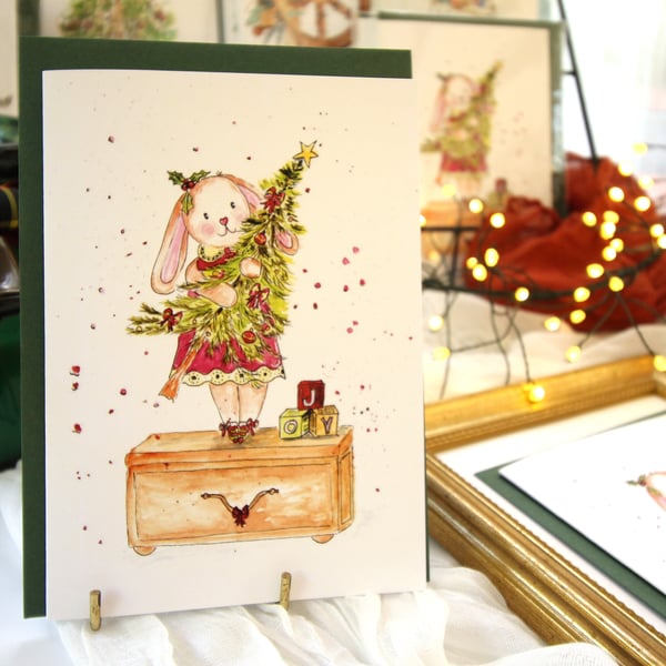 Little Girl’s Christmas Card – Bunny in Dress with Toy Chest Christmas Tree