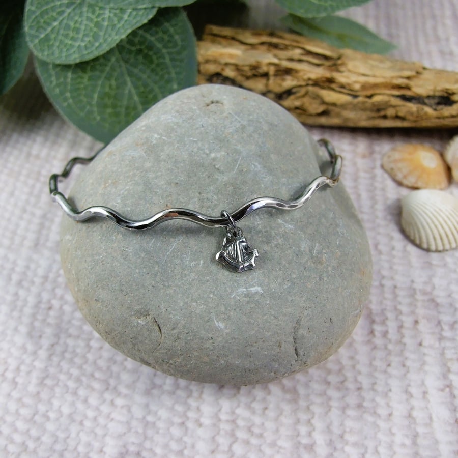 Sterling Silver Wave Bangle with Anchor Charm