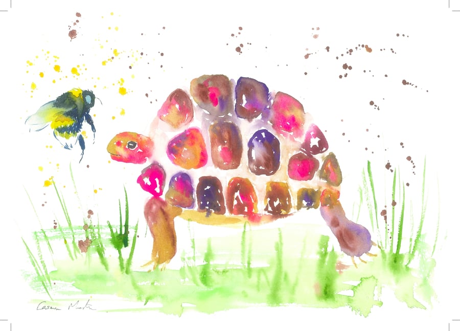 Pink Tortoise and a Bee Greeting card 5" x 7" " Let's Bumble along together!"