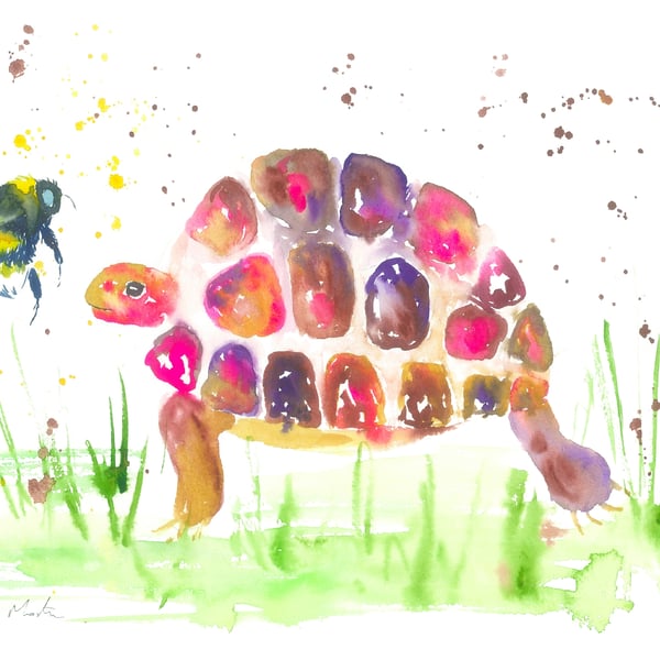 Pink Tortoise and a Bee Greeting card 5" x 7" " Let's Bumble along together!"