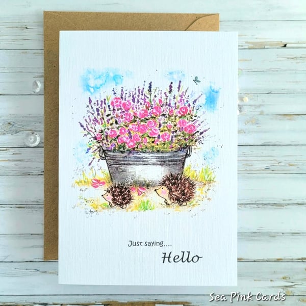 Hello greetings card - all occasion, blank, roses, hedgehogs, birthday, get well