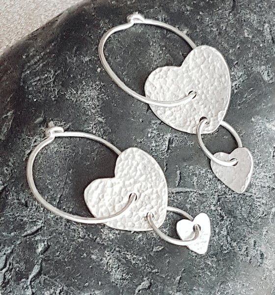 Sterling Silver Hammered Double Heart Dangly Earrings