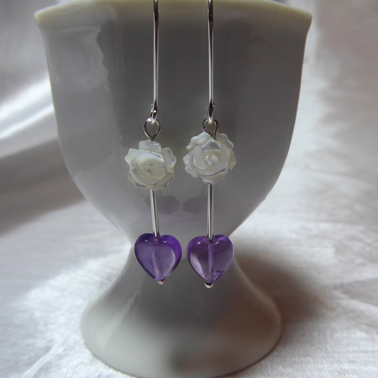 Cupid's Dart Sterling Silver Earrings with Amethyst Heart & Mother of Pearl Rose