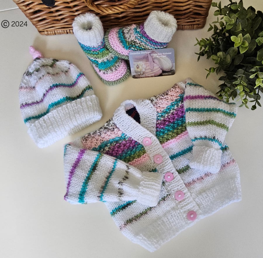 Hand Knitted Baby Girl's Cardigan, Hat & Booties Set 3-9 months 