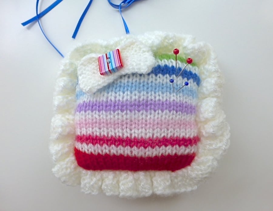 Pincushion, knitted square pincushion, pin tidy, needlework gift