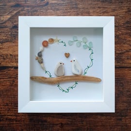 Sea glass, seashells and sea pottery LOVEBIRDS