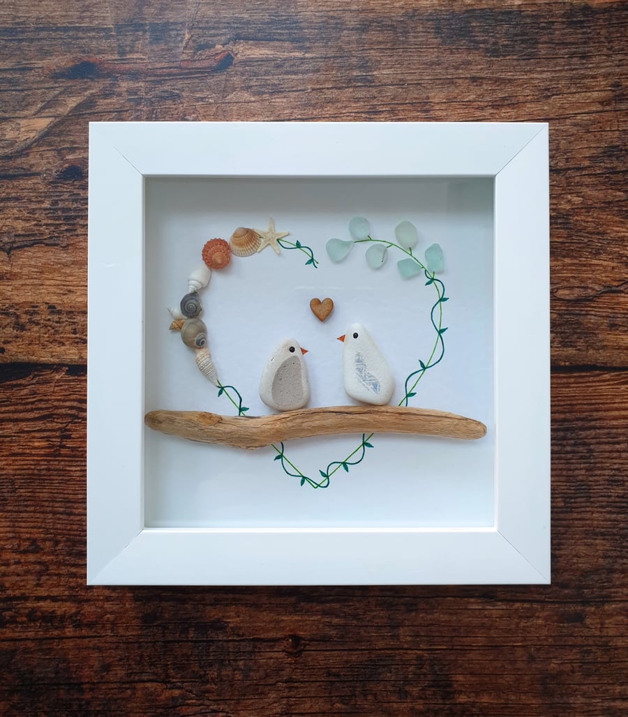 Sea glass, seashells and sea pottery LOVEBIRDS