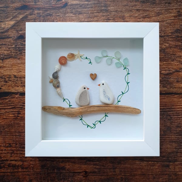 Sea glass, seashells and sea pottery LOVEBIRDS