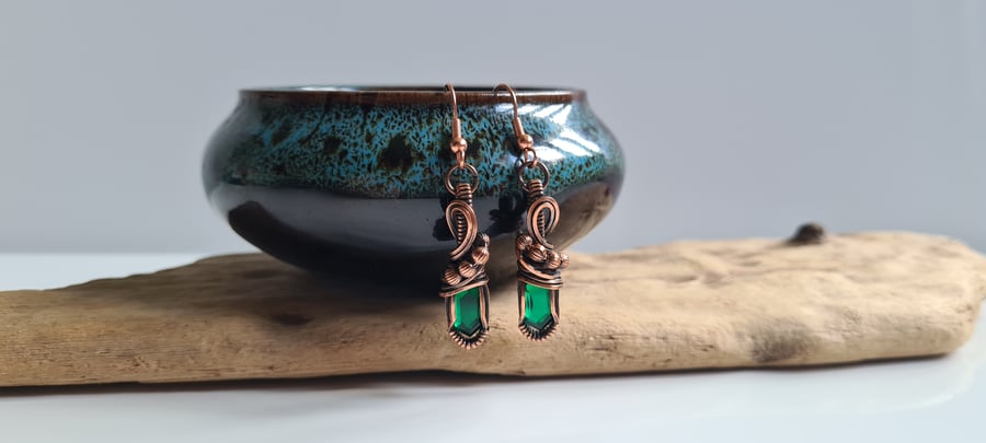 Handmade Natural Emerald Quartz & Copper Dangle Earrings Gift Crystal Jewellery