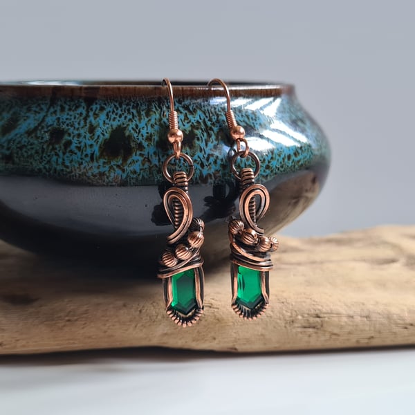 Handmade Natural Emerald Quartz & Copper Dangle Earrings Gift Crystal Jewellery