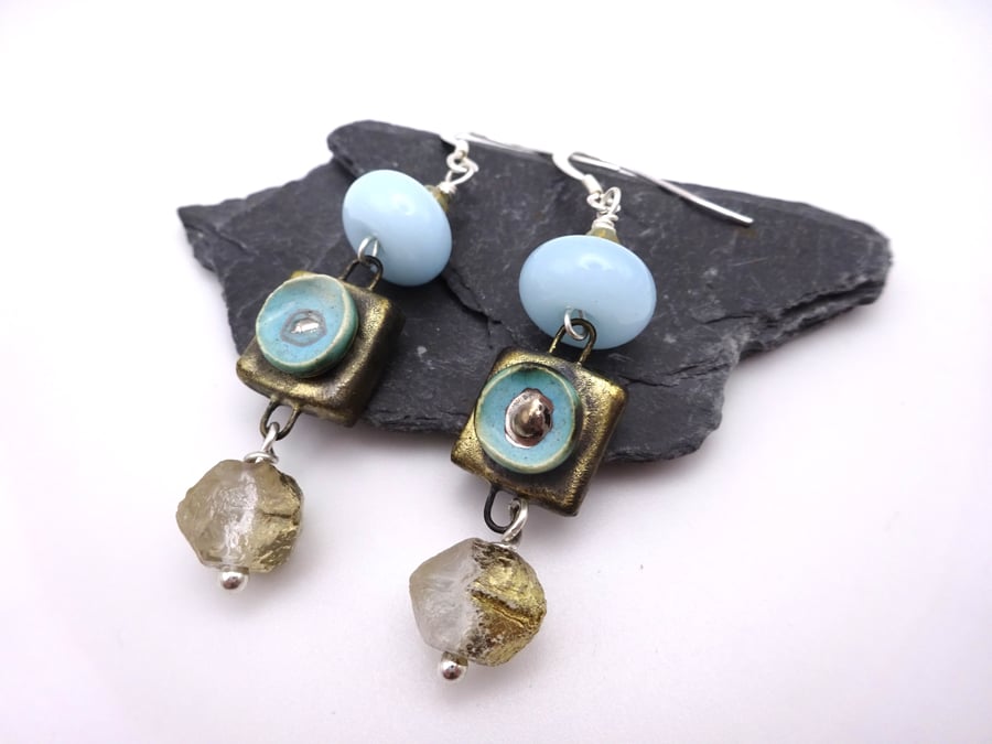 blue lampwork glass and ceramic earrings