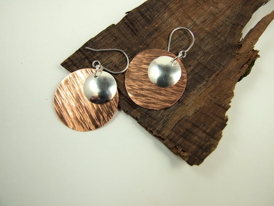 Earrings, Artisan Hammered Copper & Sterling Silver Geometric Circles