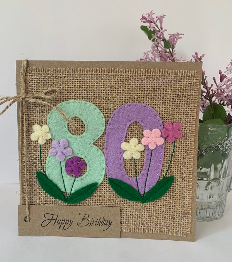 Handmade 80th Birthday Card. Keepsake Card. Textile Card.