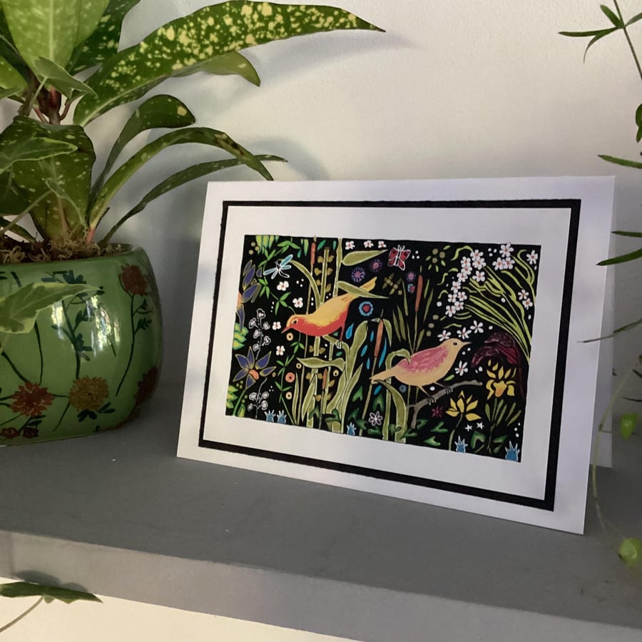 Greetings card, blank card, birds and flowers card,yellow birds, colourful card