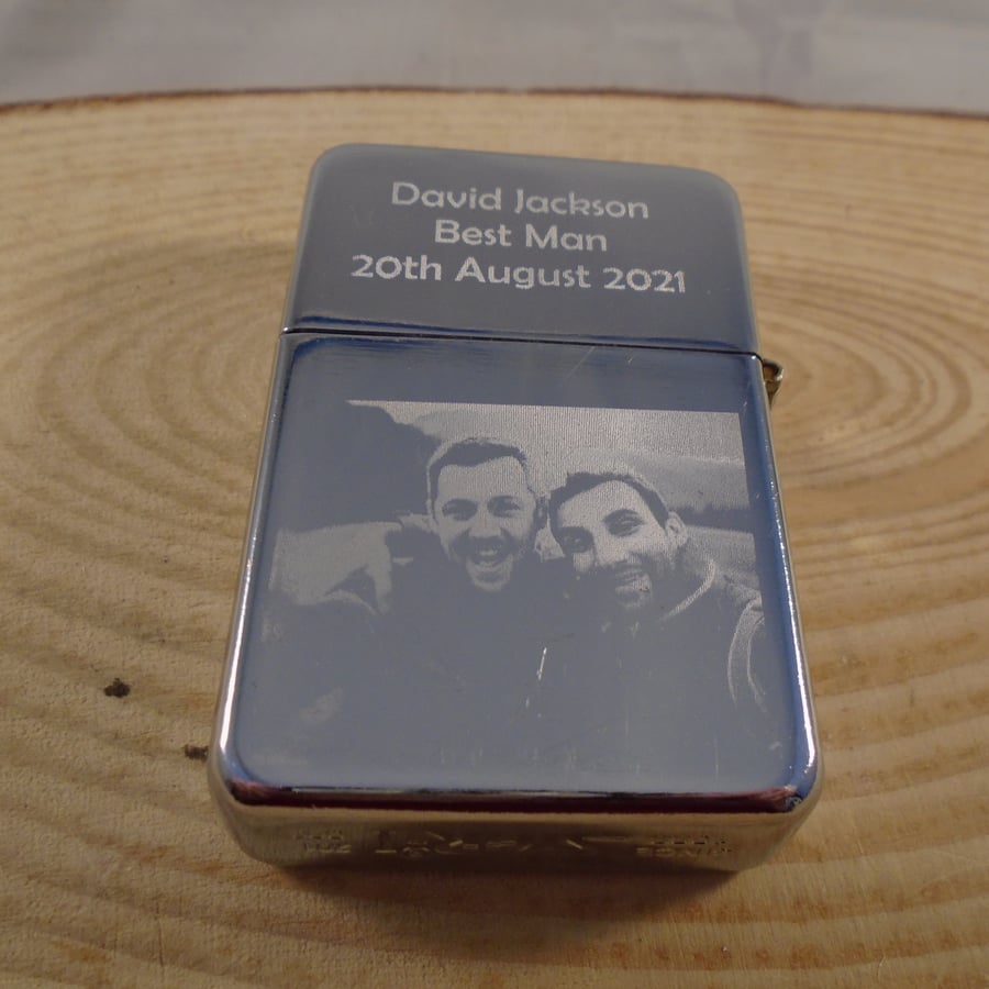 Photo Engraved Silver or Brass Coloured Cigarette Lighter, Best Man Gift