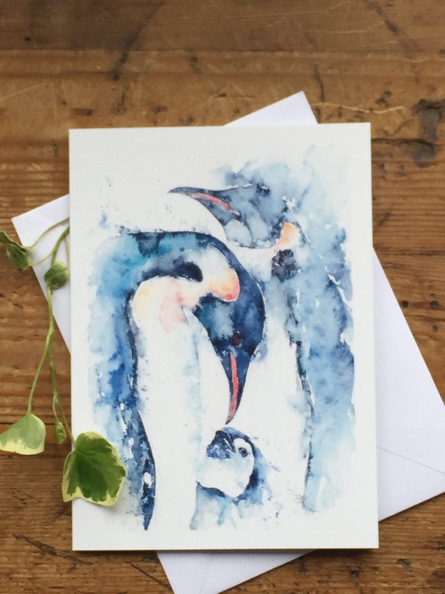 Penguin Family, Watercolour Painting Greetings Card. A5 Size.