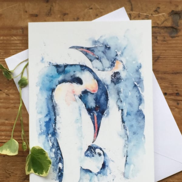 Penguin Family, Watercolour Painting Greetings Card. A5 Size.