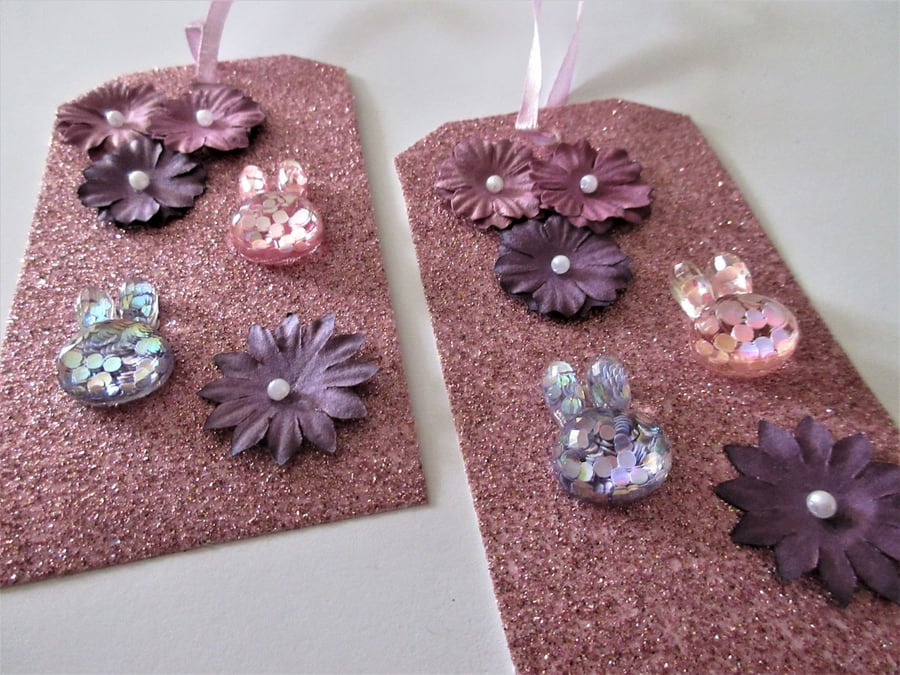 Luxury Gift Tag x2 Christmas Present Birthday Gift Pink Purple Bunny Rabbit 