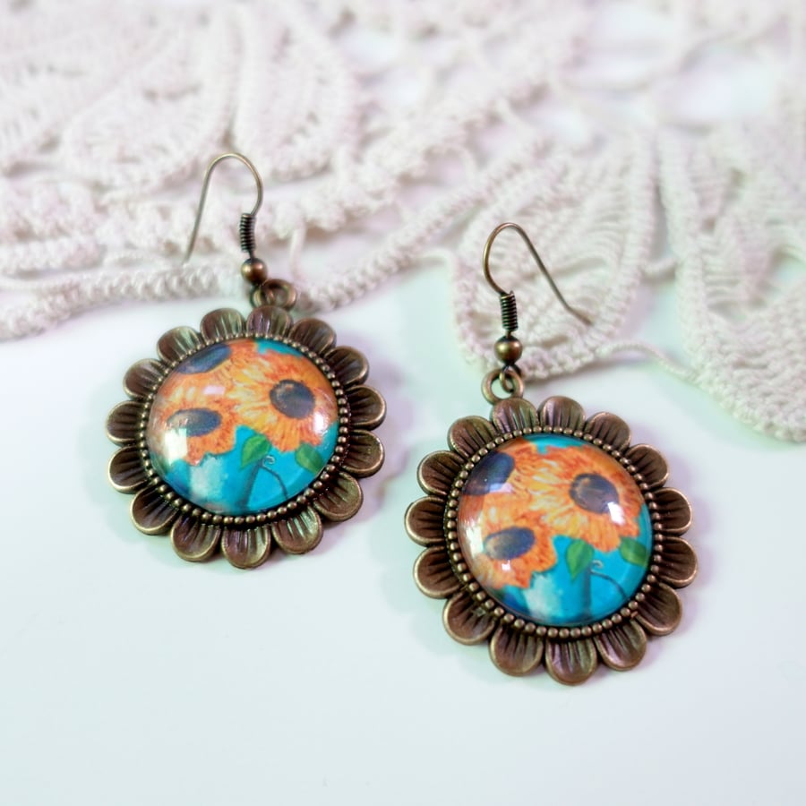 Sunflowers Dangle Earrings, Jewellery Art, Flowers Handcrafted Accessory