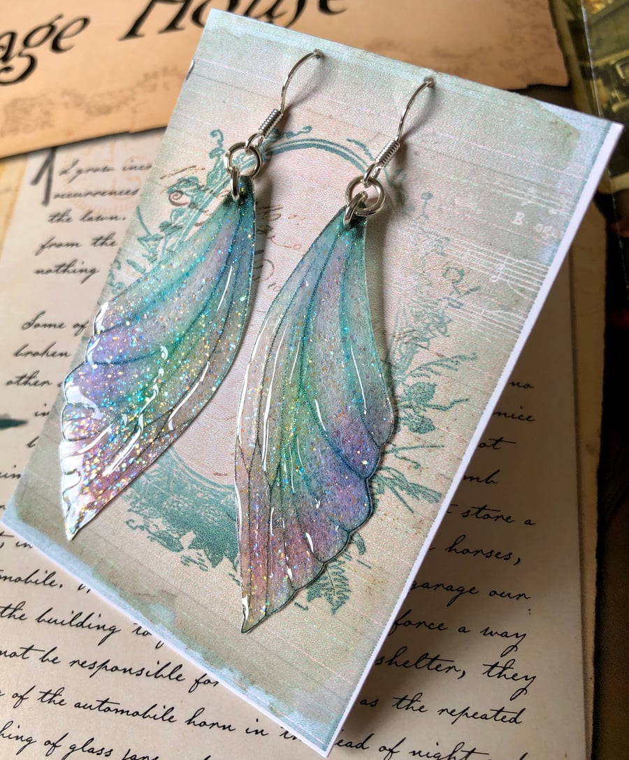 Pale Green and Lilac Sparkling Sterling Silver Fairy Wing Earrings