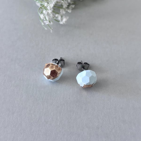 Pale Green and Gold Button Studs, Minimalist Earrings 