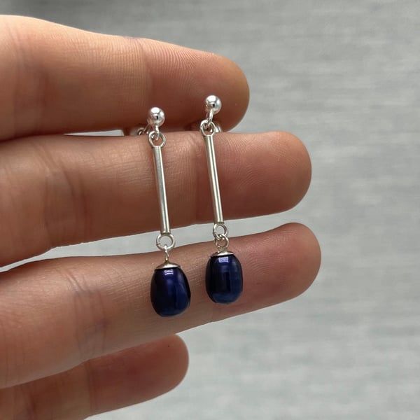 Petrol Blue Pearl Bar Drop Earrings - Handmade, Sterling Silver