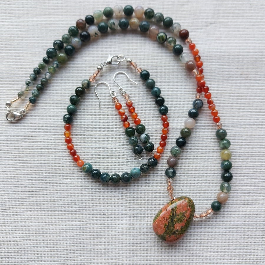 Autumn Gemstone Jewellery Set with moss agate, carnelian, unakite. 