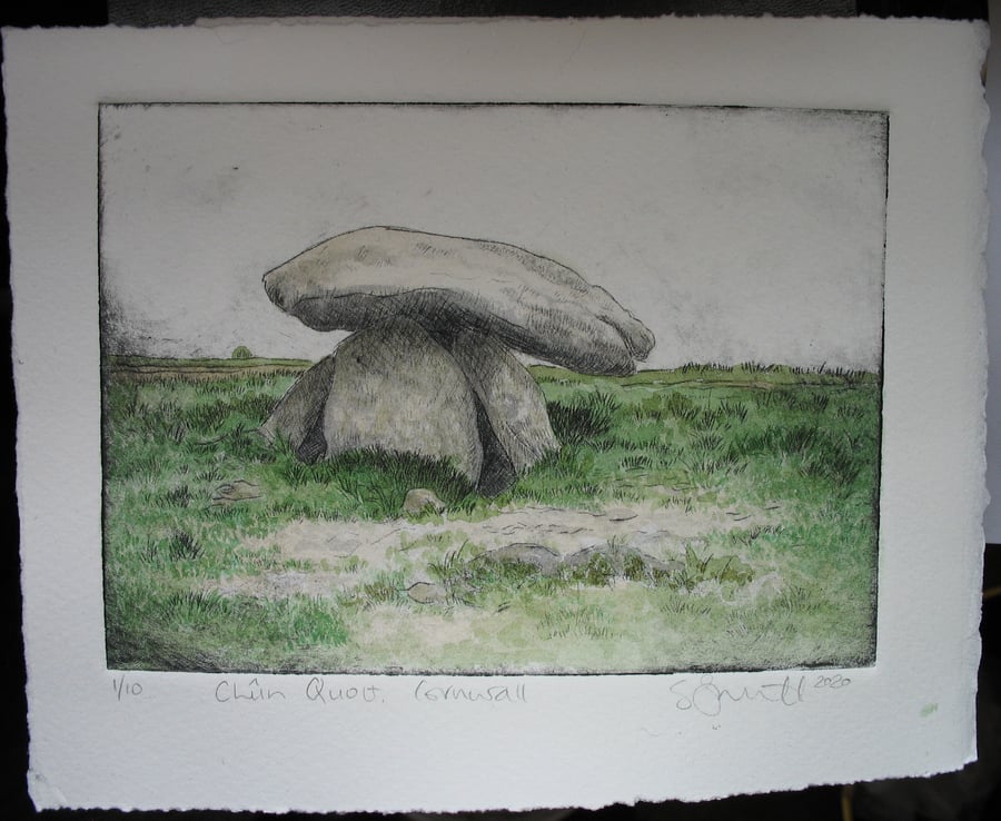 Coloured drypoint etching of Chun Quoit in Cornwall