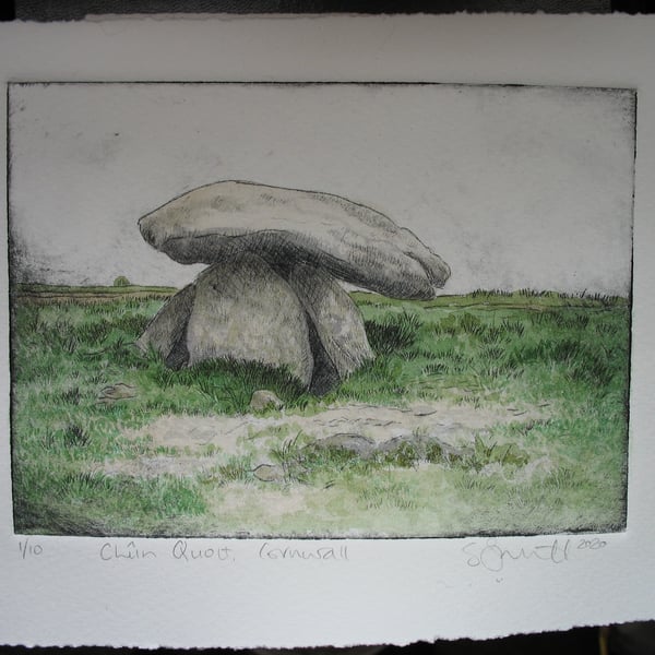 Coloured drypoint etching of Chun Quoit in Cornwall