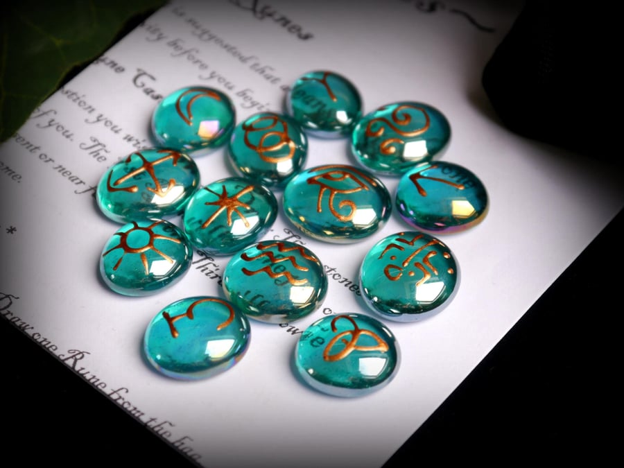 13 Witches Runes with Teal and Copper symbols Black Bag and Casting Instructions