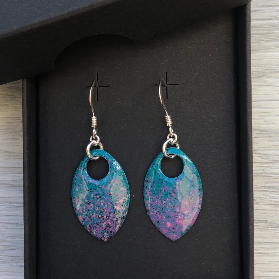 Turquoise, pink, purple and black enamel scale earrings. Sterling silver. 