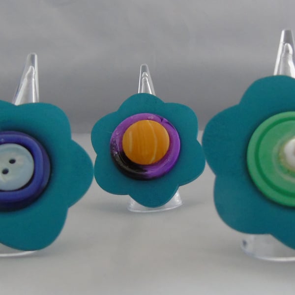 Blue Flower Button Ring