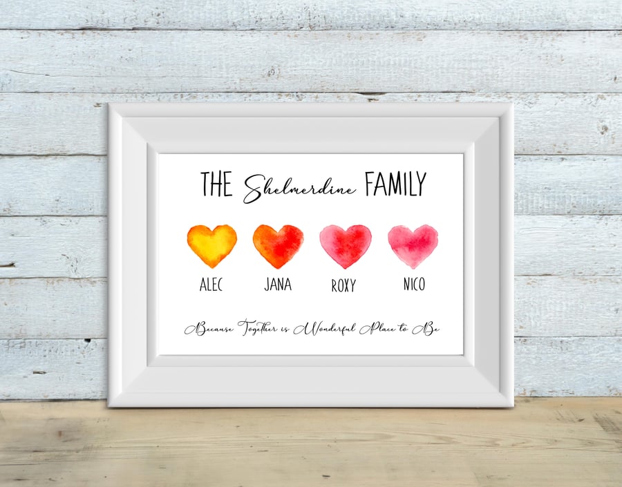 Customised family print, Personalised family hearts wall print, mother's day gif