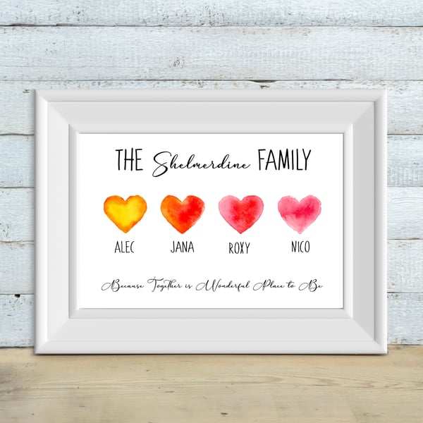 Customised family print, Personalised family hearts wall print, mother's day gif