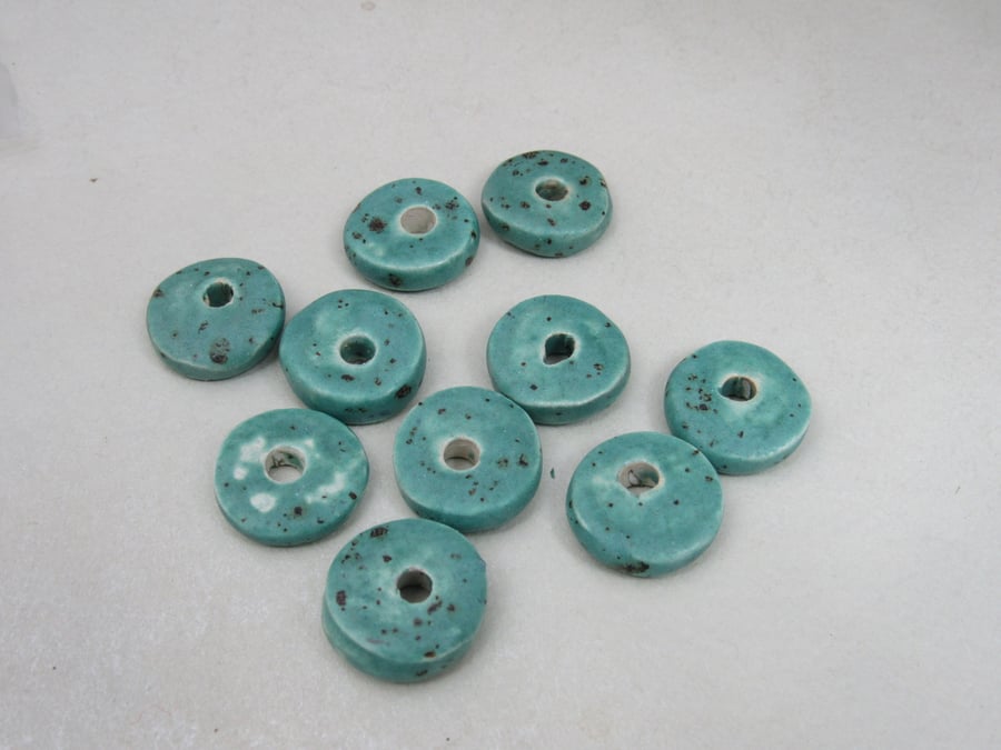 10 Medium Eggshell Blue Glazed Ceramic Washer Beads
