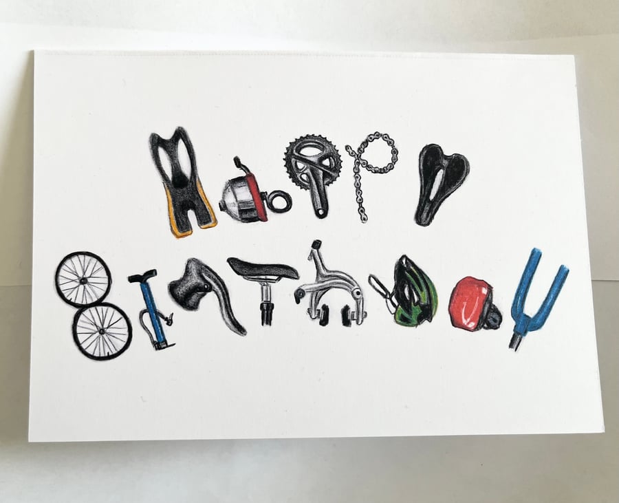 Cyclist bike objects and tools birthday card - blank inside - 7x5 inches