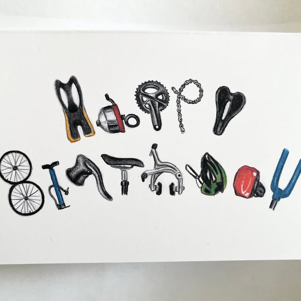 Cyclist bike objects and tools birthday card - blank inside - 7x5 inches