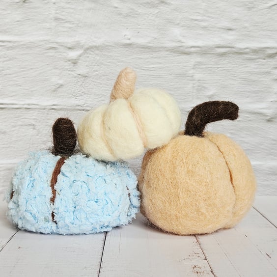Handmade Needle Felted Pumpkins Set of 3 - Cool Pastel Autumn Table Decor