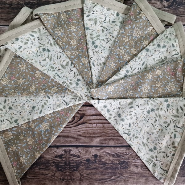 Olive & Cream floral Double Sided Fabric Bunting 