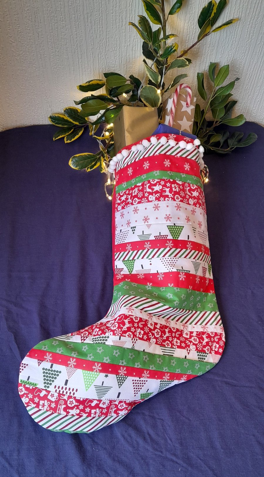 Patchwork Christmas Stockings Green, While and Red